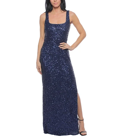 Jump Scoop Neck Sleeveless Sequin Side Slit Gown