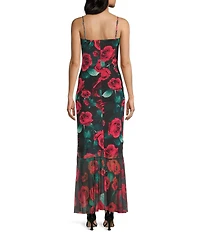 Jump Sleeveless Floral Printed Power Mesh Cowl Neck Cascade Hem Long Dress