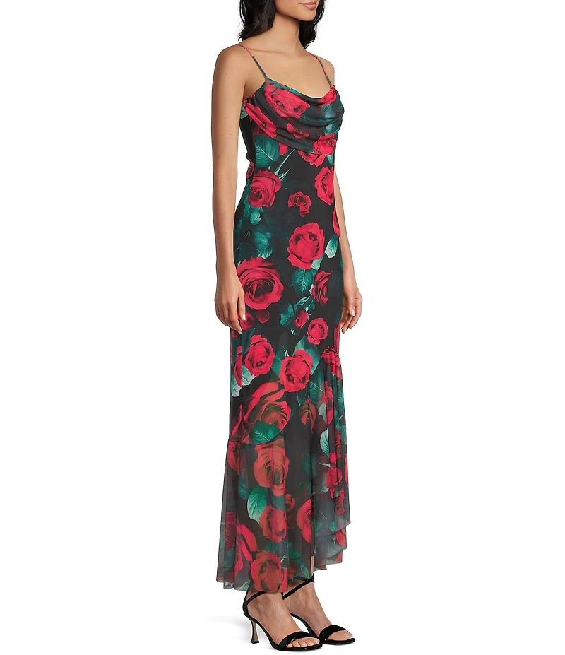 Jump Sleeveless Floral Printed Power Mesh Cowl Neck Cascade Hem Long Dress