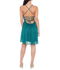 Jump Sleeveless Glitter Matte Jersey Lace Up Back Mini Dress