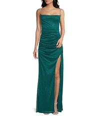 Jump Sleeveless Glitter Spaghetti Rhinestone Strap Drape Bodice Gown