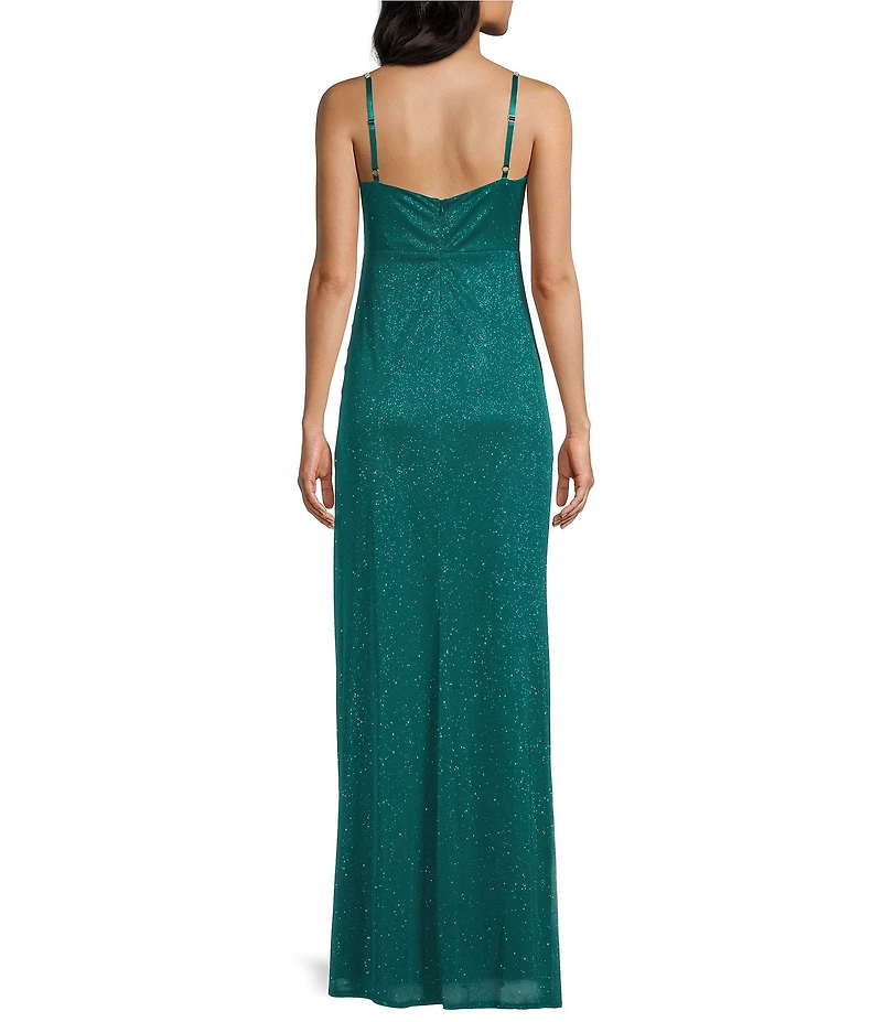 Jump Sleeveless Glitter Spaghetti Rhinestone Strap Drape Bodice Gown