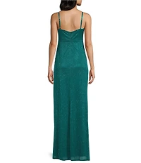 Jump Sleeveless Glitter Spaghetti Rhinestone Strap Drape Bodice Gown