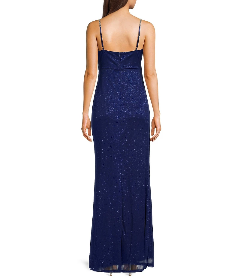 Jump Sleeveless Glitter Spaghetti Rhinestone Strap Drape Bodice Gown
