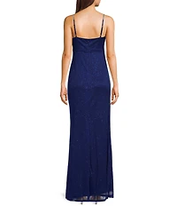 Jump Sleeveless Glitter Spaghetti Rhinestone Strap Drape Bodice Gown