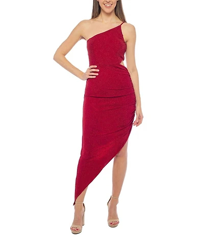 Jump Sleeveless One Shoulder Metallic Knit Asymmetric High-Low Hem Dress