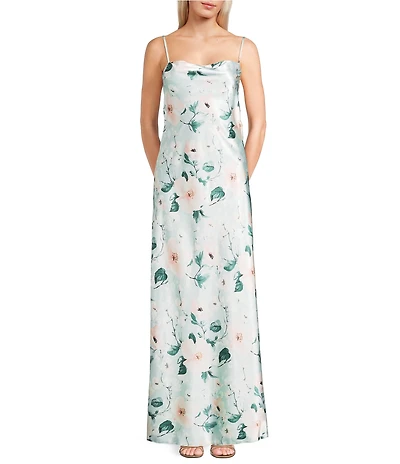 Jump Sleeveless Satin Floral Printed Cowl Neck Bow Back Long Dress