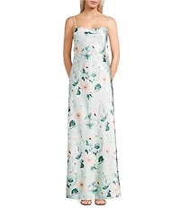 Jump Sleeveless Satin Floral Printed Cowl Neck Bow Back Long Dress