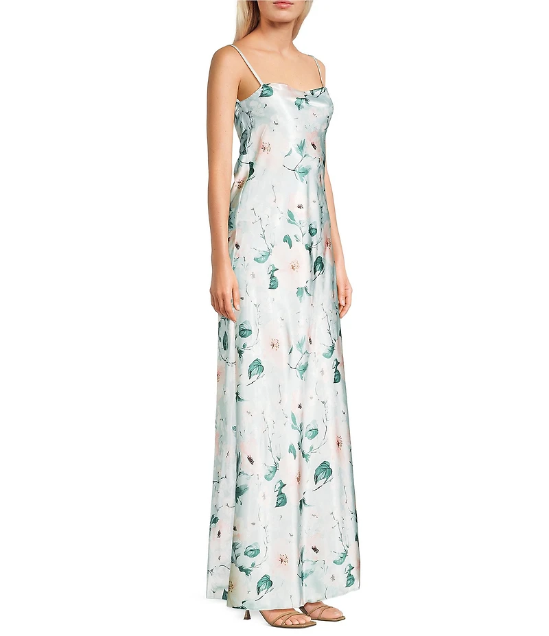 Jump Sleeveless Satin Floral Printed Cowl Neck Bow Back Long Dress