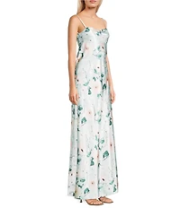 Jump Sleeveless Satin Floral Printed Cowl Neck Bow Back Long Dress