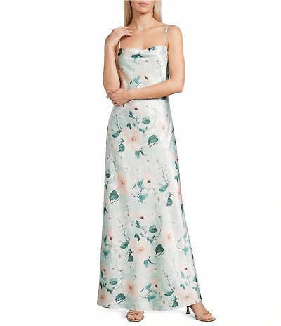Jump Sleeveless Satin Floral Printed Cowl Neck Bow Back Long Dress