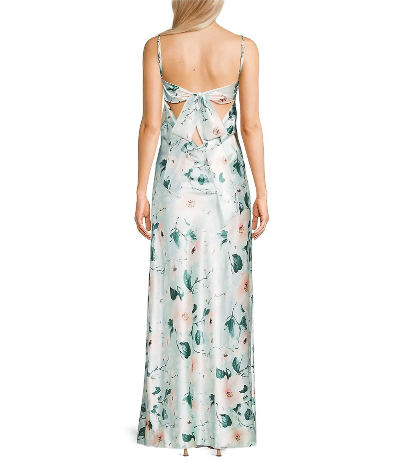 Jump Sleeveless Satin Floral Printed Cowl Neck Bow Back Long Dress