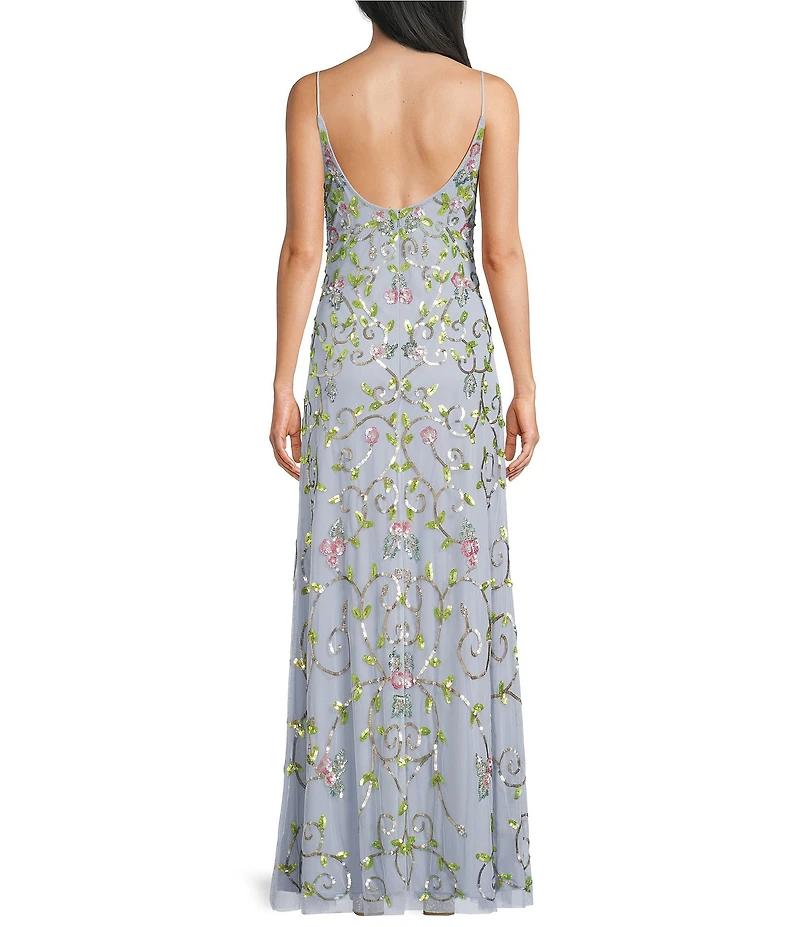 Jump Sleeveless Sequin Embellished Floral Mesh V-Neck Dress