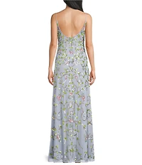 Jump Sleeveless Sequin Embellished Floral Mesh V-Neck Dress