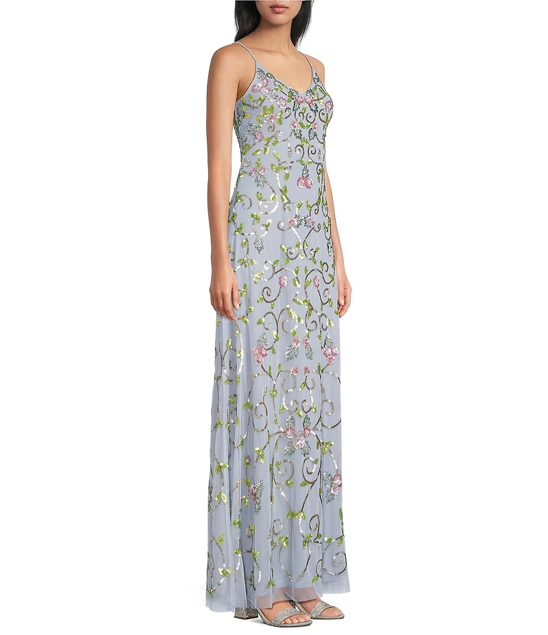 Jump Sleeveless Sequin Embellished Floral Mesh V-Neck Dress