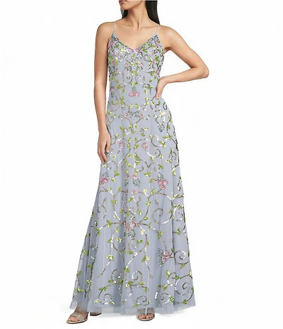 Jump Sleeveless Sequin Embellished Floral Mesh V-Neck Dress