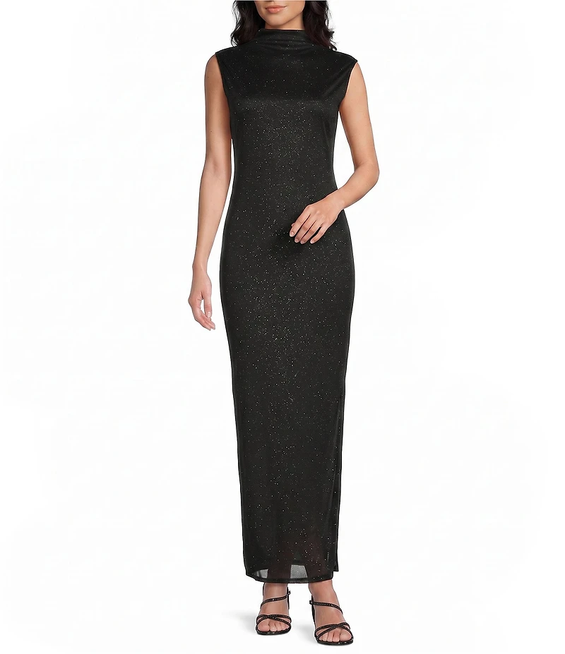 Jump Sleeveless Sequin Mock Neck Side Slit Maxi Dress
