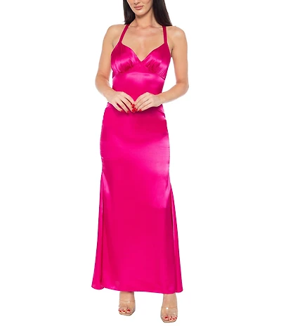 Jump V-Neck Charmeuse Bias Gown Tie Back Dress