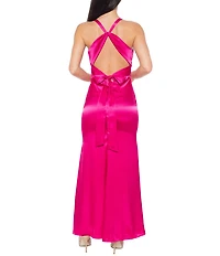 Jump V-Neck Charmeuse Bias Gown Tie Back Dress