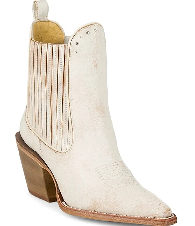 Justin Boots Hart Vintage Ivory Leather Studded Western Booties