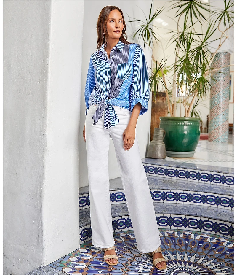 Karen Kane 3/4 Blouson Sleeve Mixed Stripe Tie-Front Top