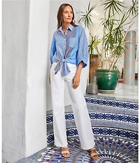 Karen Kane 3/4 Blouson Sleeve Mixed Stripe Tie-Front Top
