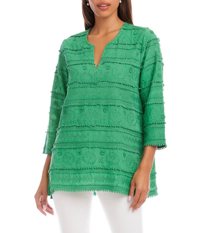 Karen Kane All Over Embroidered Split V-Neck 3/4 Sleeve Tunic