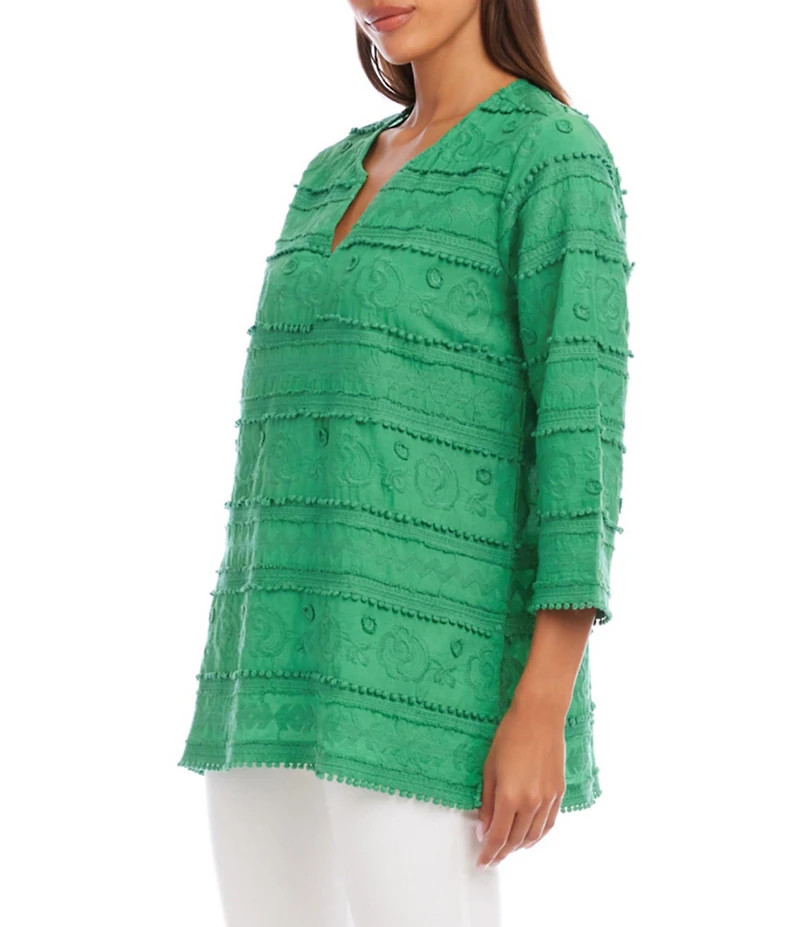 Karen Kane All Over Embroidered Split V-Neck 3/4 Sleeve Tunic