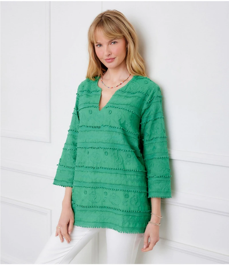 Karen Kane All Over Embroidered Split V-Neck 3/4 Sleeve Tunic