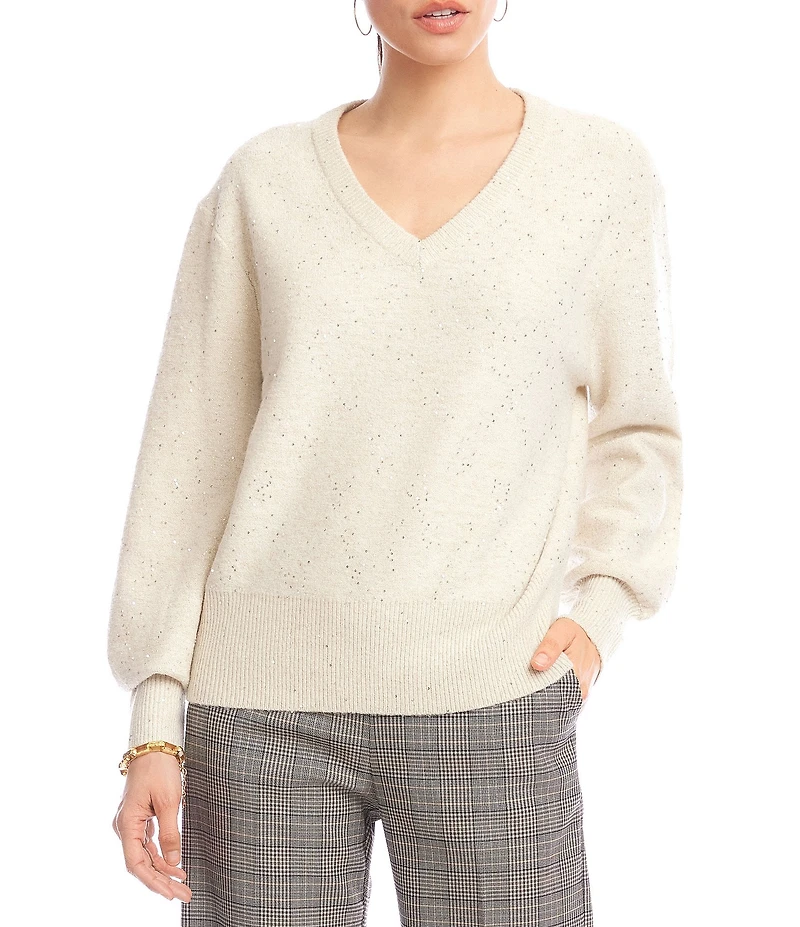 Karen Kane Allover Sequin Knit V-Neck Long Sleeve Top