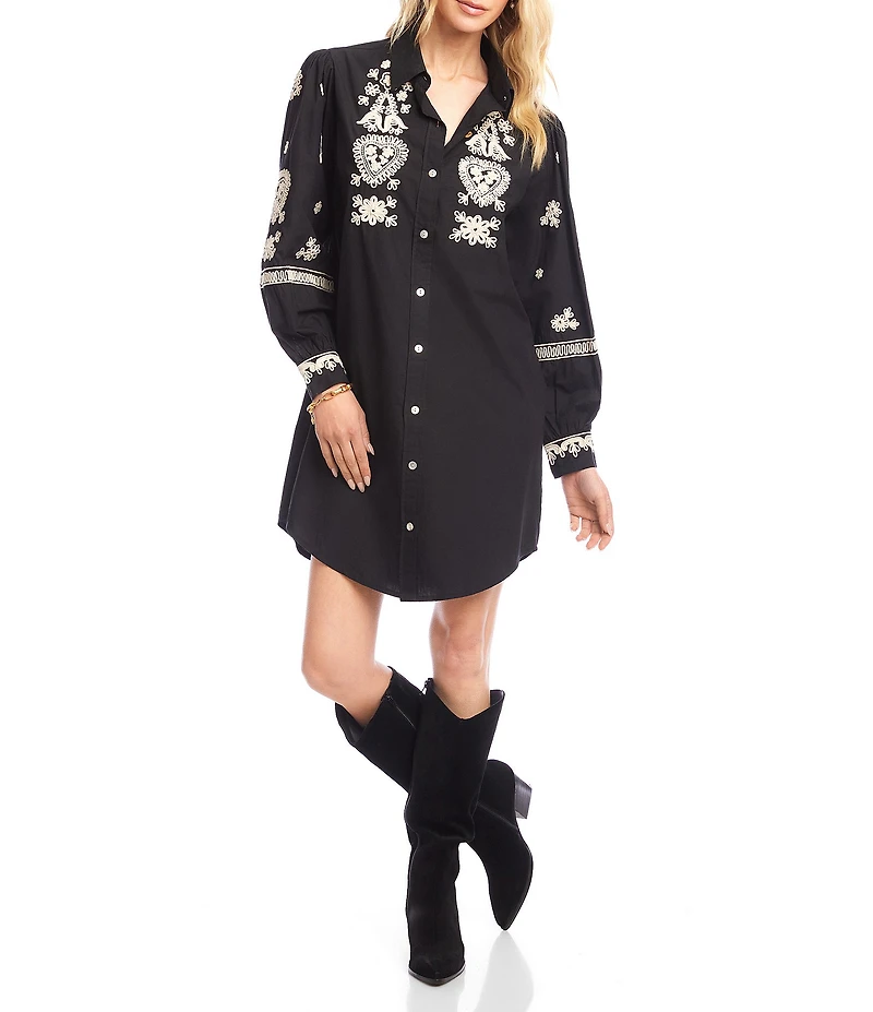 Karen Kane Blouson Long Sleeve Point Collar Rope Stitch Embroidery Shirtdress
