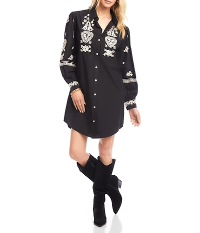 Karen Kane Blouson Long Sleeve Point Collar Rope Stitch Embroidery Shirtdress