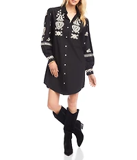 Karen Kane Blouson Long Sleeve Point Collar Rope Stitch Embroidery Shirtdress