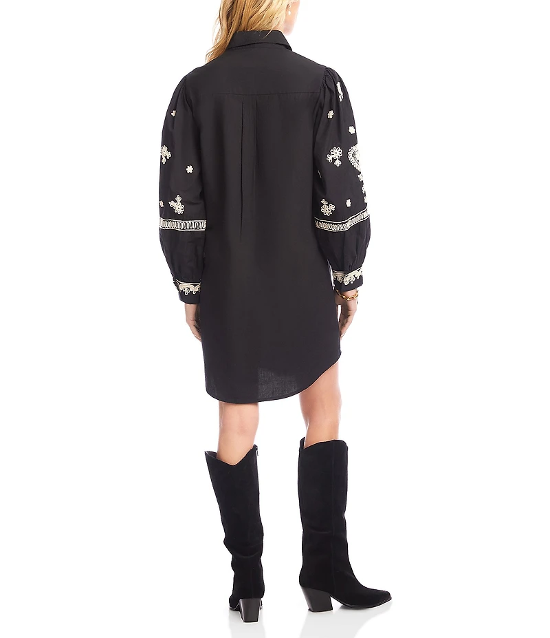 Karen Kane Blouson Long Sleeve Point Collar Rope Stitch Embroidery Shirtdress