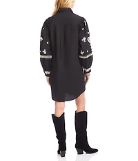 Karen Kane Blouson Long Sleeve Point Collar Rope Stitch Embroidery Shirtdress