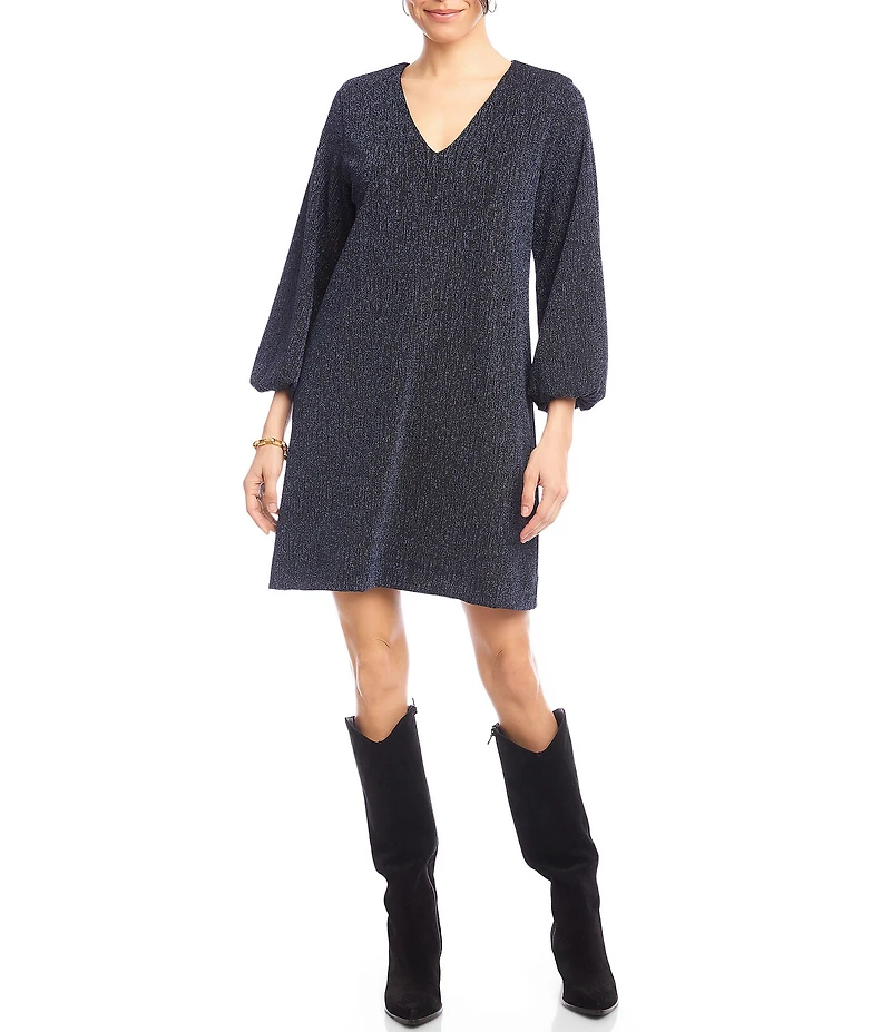 Karen Kane Blouson Sleeve Metallic Knit V-Neck Dress