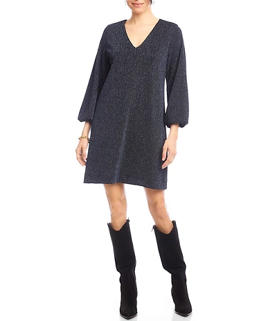 Karen Kane Blouson Sleeve Metallic Knit V-Neck Dress