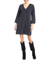 Karen Kane Blouson Sleeve Metallic Knit V-Neck Dress