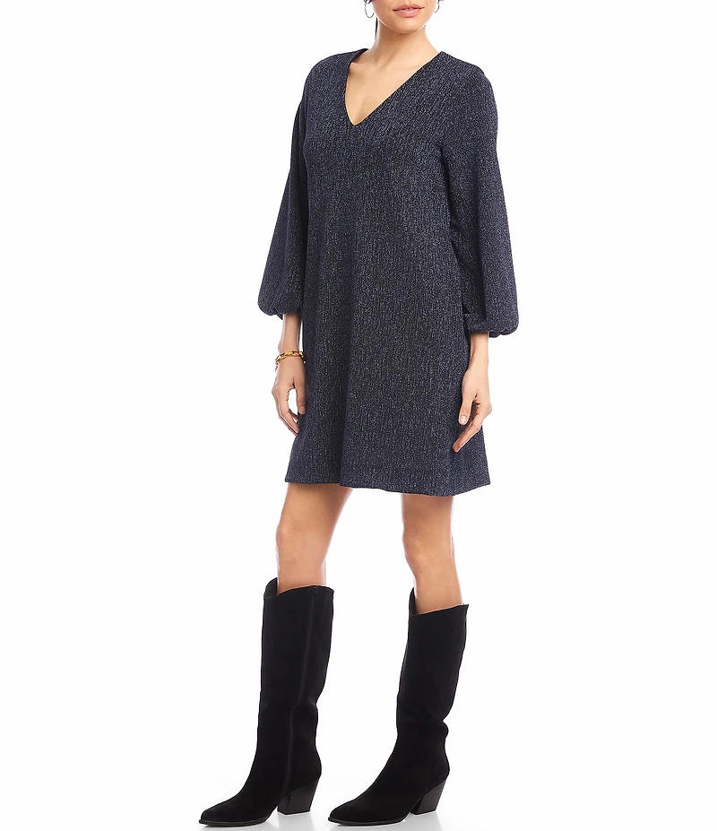 Karen Kane Blouson Sleeve Metallic Knit V-Neck Dress