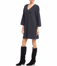 Karen Kane Blouson Sleeve Metallic Knit V-Neck Dress
