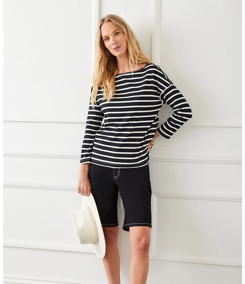 Karen Kane Boat Neck 3/4 Sleeve Striped Tee