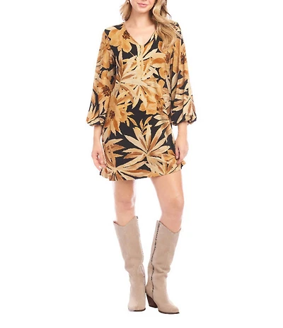 Karen Kane Bold Golden Flower V-Neck 3/4 Blouson Sleeve Shift Dress