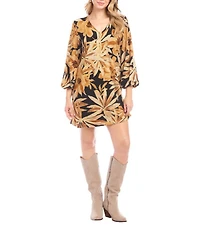 Karen Kane Bold Golden Flower V-Neck 3/4 Blouson Sleeve Shift Dress