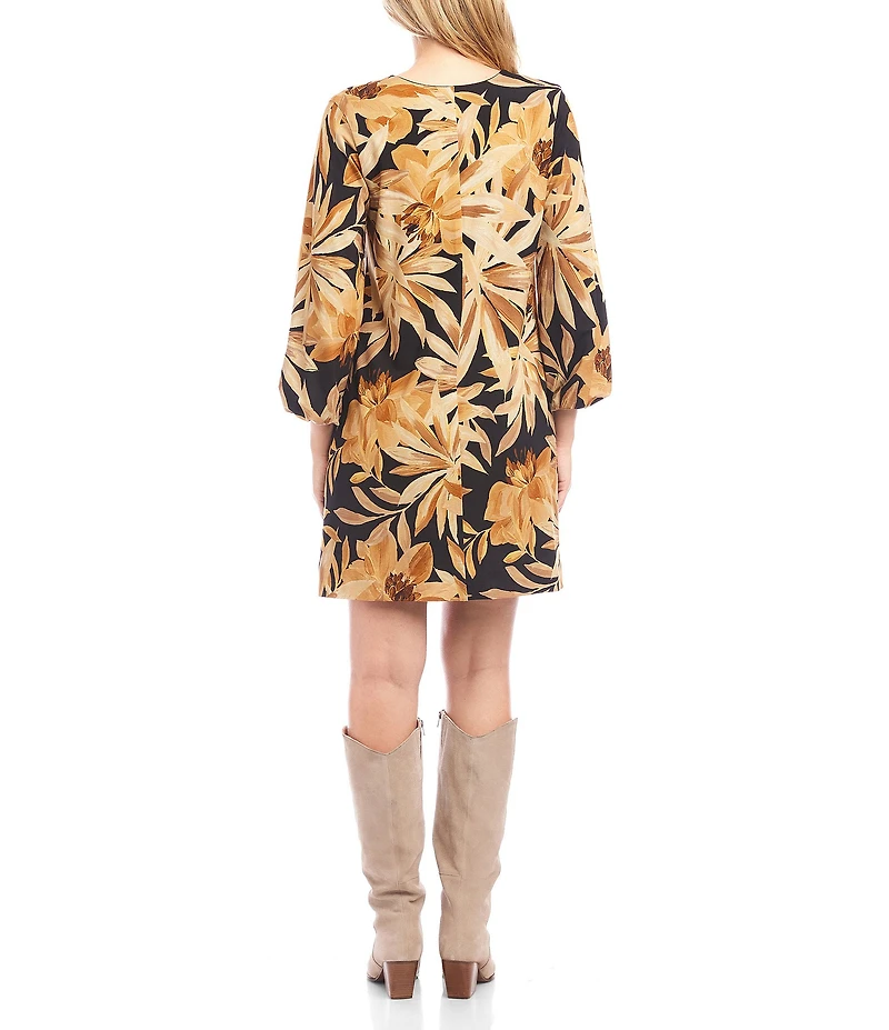 Karen Kane Bold Golden Flower V-Neck 3/4 Blouson Sleeve Shift Dress