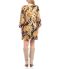 Karen Kane Bold Golden Flower V-Neck 3/4 Blouson Sleeve Shift Dress