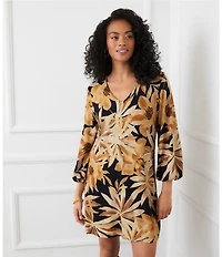Karen Kane Bold Golden Flower V-Neck 3/4 Blouson Sleeve Shift Dress