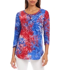 Karen Kane Burnout Jacquard Knit Tie-Dye Crew Neck 3/4 Sleeve Shirttail Hem Top