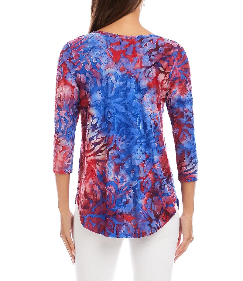 Karen Kane Burnout Jacquard Knit Tie-Dye Crew Neck 3/4 Sleeve Shirttail Hem Top