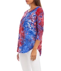 Karen Kane Burnout Jacquard Knit Tie-Dye Crew Neck 3/4 Sleeve Shirttail Hem Top