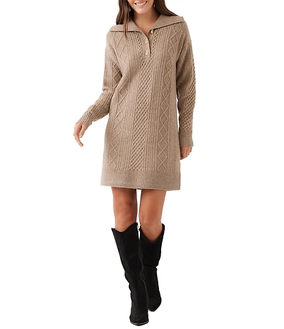 Karen Kane Cable Knit Polo Collar Long Sleeve Sweater Dress